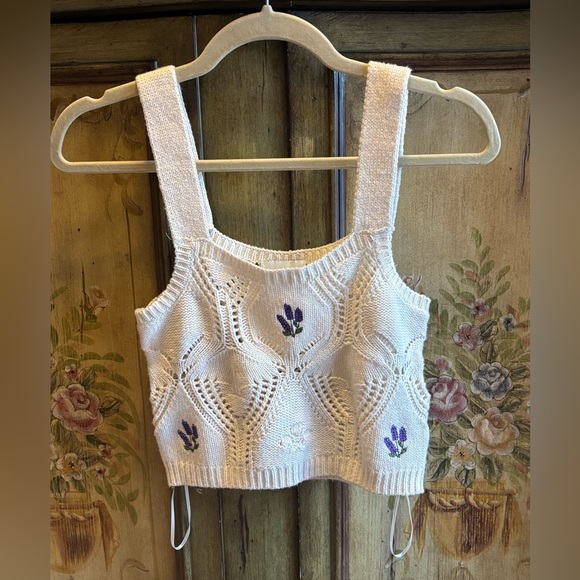 PINK ROSE Cream Knit Lavender Embroidered Crop Top XS, Cottagecore Boho vibes 💜 - Picture 2 of 6